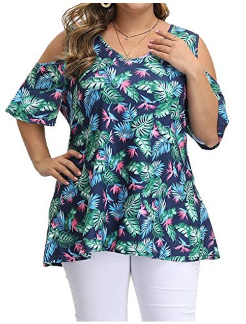 ALLEGRACE Women's Plus Size Summer Cold Shoulder Tunic Top Short Sleeve Tunics V Neck T Shirts