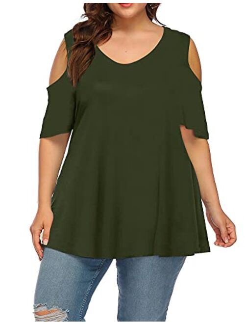 ALLEGRACE Women's Plus Size Summer Cold Shoulder Tunic Top Short Sleeve Tunics V Neck T Shirts