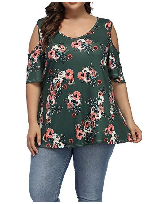 ALLEGRACE Women's Plus Size Summer Cold Shoulder Tunic Top Short Sleeve Tunics V Neck T Shirts