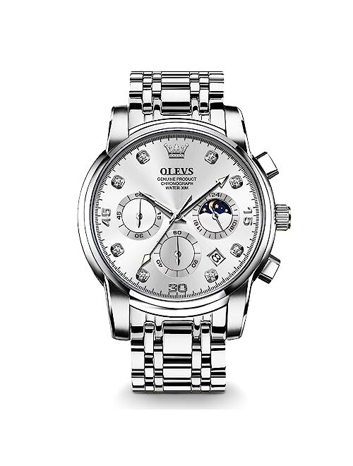 OLEVS Men's Watch, Big Face Gold Silver Tone Stainless Steel Chronograph Watch with Date, Luxury Waterproof Moon Phases Diamond Dial Analog Quartz Dress Watches for Men