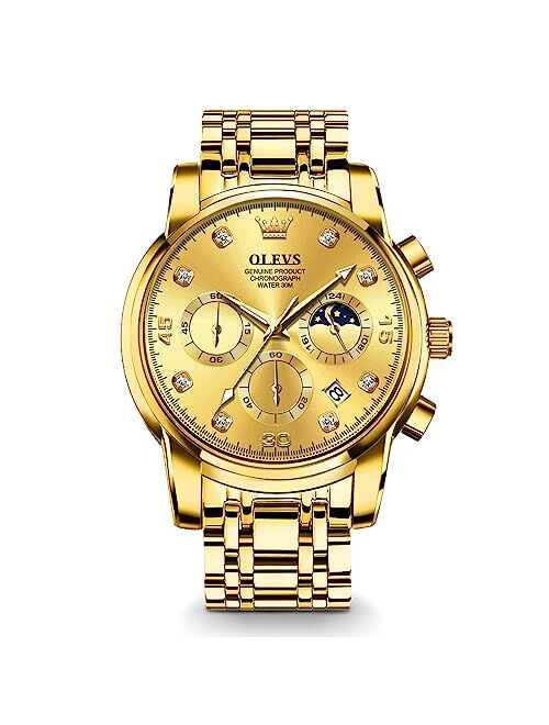 OLEVS Men's Watch, Big Face Gold Silver Tone Stainless Steel Chronograph Watch with Date, Luxury Waterproof Moon Phases Diamond Dial Analog Quartz Dress Watches for Men