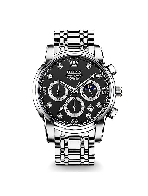 OLEVS Men's Watch, Big Face Gold Silver Tone Stainless Steel Chronograph Watch with Date, Luxury Waterproof Moon Phases Diamond Dial Analog Quartz Dress Watches for Men