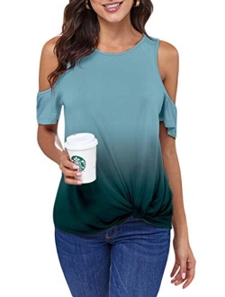 ANCAPELION Womens Cold Shoulder Shirt Short Sleeve Round Neck T-Shirt Knot Twist Tee Blouse Casual Tops for Women