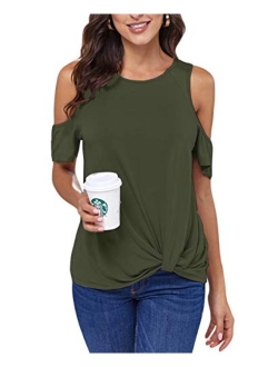 ANCAPELION Womens Cold Shoulder Shirt Short Sleeve Round Neck T-Shirt Knot Twist Tee Blouse Casual Tops for Women