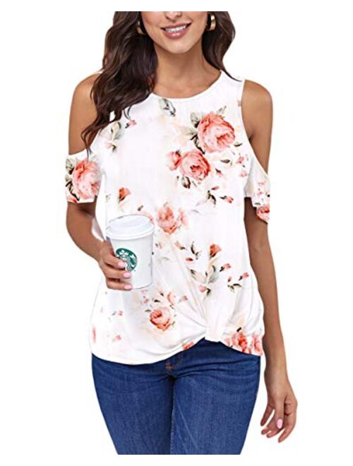 The Drop ANCAPELION Womens Cold Shoulder Shirt Short Sleeve Round Neck T-Shirt Knot Twist Tee Blouse Casual Tops for Women