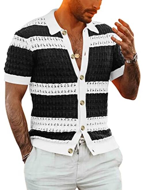 Gafeng Mens Short Sleeve Knit Shirts Button Down Color Block See Through Sexy Polo T-Shirts