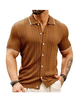 Men's Breathable Knit Polo Shirt Hollow Out Bowling Button Shirts