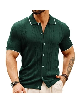 Men's Breathable Knit Polo Shirt Hollow Out Bowling Button Shirts