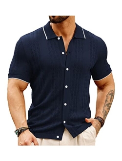 Men's Breathable Knit Polo Shirt Hollow Out Bowling Button Shirts