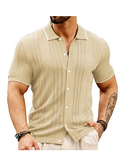 GRACE KARIN Men's Breathable Knit Polo Shirt Hollow Out Bowling Button Shirts