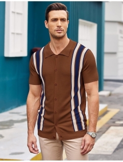 Men's Short Sleeve Knit Shirt Vintage Stripe Button Down Golf Polo Shirts