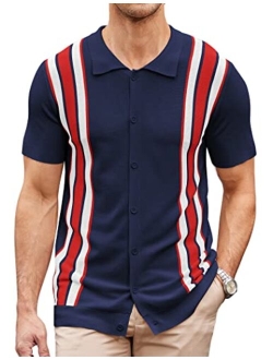 Men's Short Sleeve Knit Shirt Vintage Stripe Button Down Golf Polo Shirts