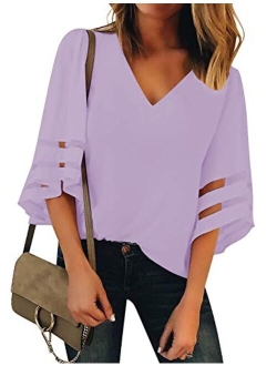 Lookbook Store LookbookStore Women's V Neck Mesh Panel Blouse 3/4 Bell Sleeve Loose Top Shirt