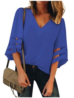 Lookbook Store LookbookStore Women's V Neck Mesh Panel Blouse 3/4 Bell Sleeve Loose Top Shirt