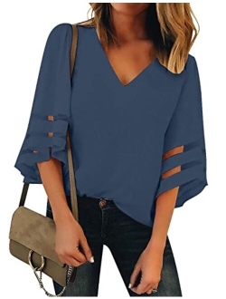 Lookbook Store LookbookStore Women's V Neck Mesh Panel Blouse 3/4 Bell Sleeve Loose Top Shirt