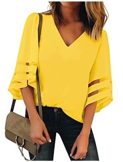 Lookbook Store LookbookStore Women's V Neck Mesh Panel Blouse 3/4 Bell Sleeve Loose Top Shirt