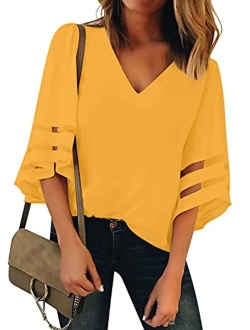 Lookbook Store LookbookStore Women's V Neck Mesh Panel Blouse 3/4 Bell Sleeve Loose Top Shirt