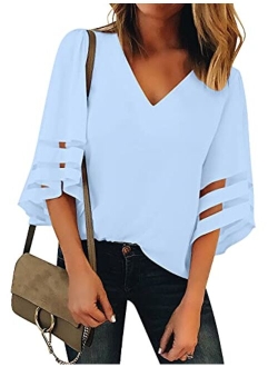 Lookbook Store LookbookStore Women's V Neck Mesh Panel Blouse 3/4 Bell Sleeve Loose Top Shirt