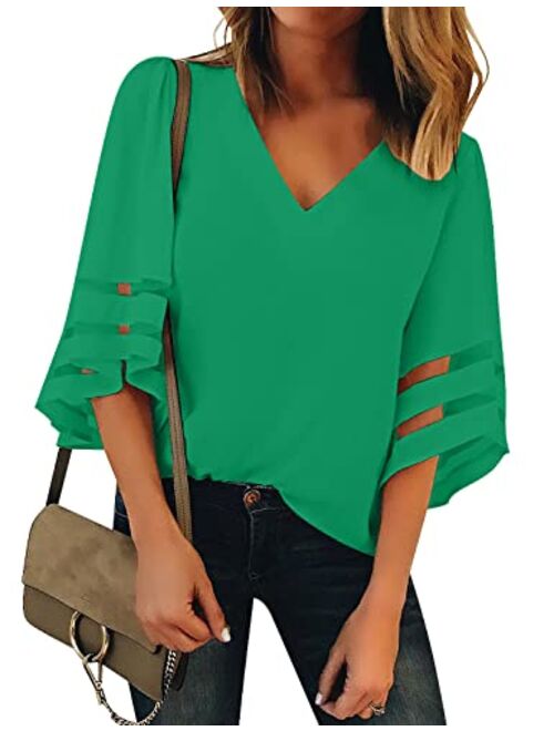 Lookbook Store LookbookStore Women's V Neck Mesh Panel Blouse 3/4 Bell Sleeve Loose Top Shirt