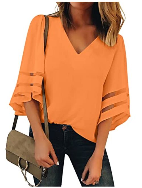 Lookbook Store LookbookStore Women's V Neck Mesh Panel Blouse 3/4 Bell Sleeve Loose Top Shirt