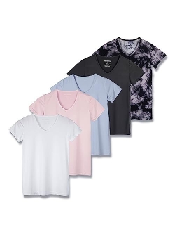 Real Essentials 5 Pack: Women's Short Sleeve V-Neck Activewear T-Shirt Dry-Fit Moisture Wicking Yoga Top (Available in Plus)