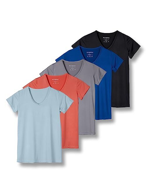 Real Essentials 5 Pack: Women's Short Sleeve V-Neck Activewear T-Shirt Dry-Fit Moisture Wicking Yoga Top (Available in Plus)