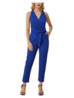 Women's 2023 Summer Jumpsuit Casual Halter Neck Wrap V Neck Belted Rompers