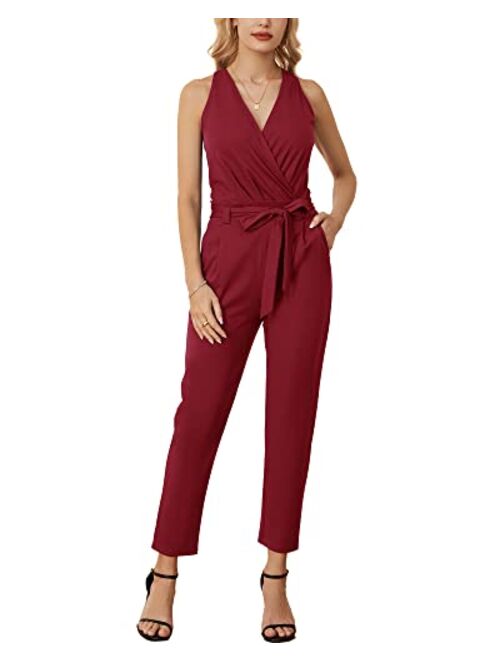 GRACE KARIN Women's 2023 Summer Jumpsuit Casual Halter Neck Wrap V Neck Belted Rompers