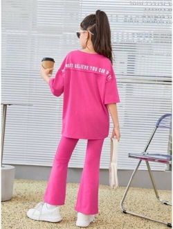 Tween Girl Slogan Graphic Drop Shoulder Tee & Flare Leg Pants