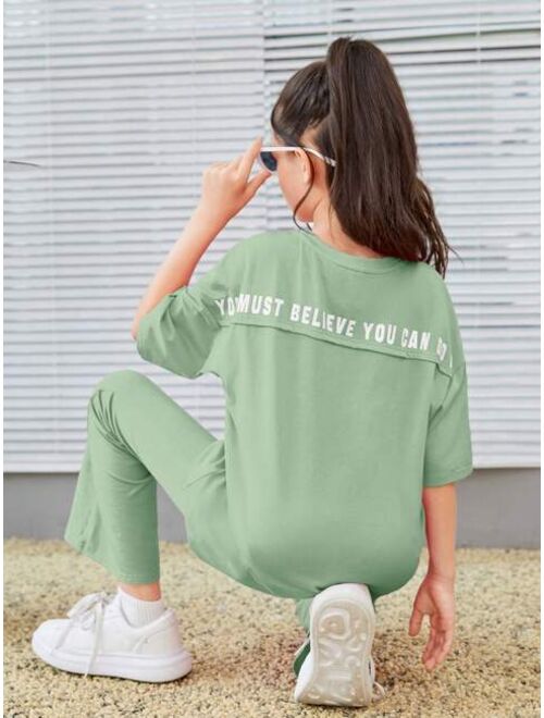 SHEIN Tween Girl Slogan Graphic Drop Shoulder Tee & Flare Leg Pants