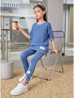 Tween Girl Slogan Patched Drop Shoulder Tee & Split Hem Leggings