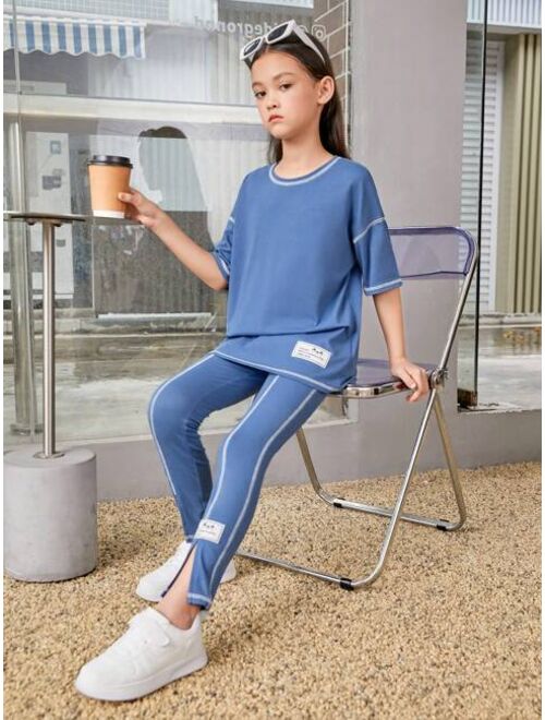 SHEIN Tween Girl Slogan Patched Drop Shoulder Tee & Split Hem Leggings