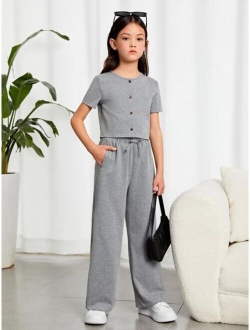 Kids EVRYDAY Girls Button Front Tee & Drawstring Waist Pants