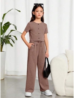 Kids EVRYDAY Girls Button Front Tee & Drawstring Waist Pants