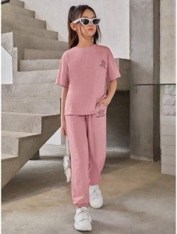 Tween Girl Slogan Graphic Drop Shoulder Tee & Sweatpants