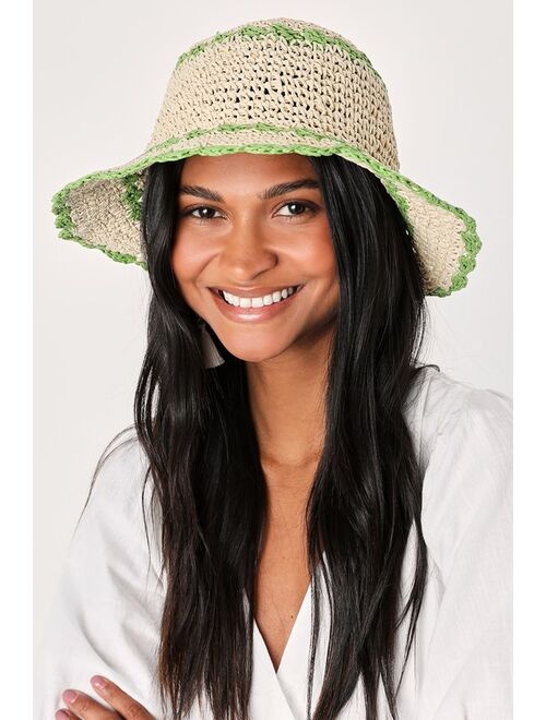 Lulus Sunshine Dreams Beige and Green Woven Straw Bucket Hat