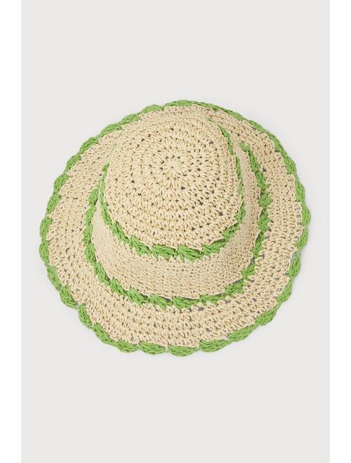 Lulus Sunshine Dreams Beige and Green Woven Straw Bucket Hat