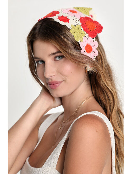 Lulus Festival Vibes Pink Multi Floral Crochet Head Scarf