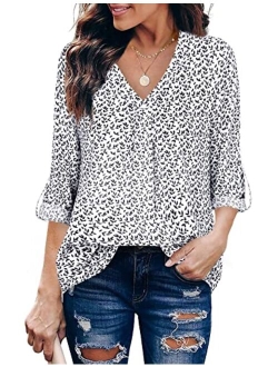 Youtalia Womens 3/4 Cuffed Sleeve Chiffon Printed V Neck Casual Blouse Shirt Tops