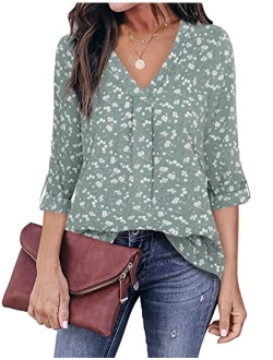 Youtalia Womens 3/4 Cuffed Sleeve Chiffon Printed V Neck Casual Blouse Shirt Tops