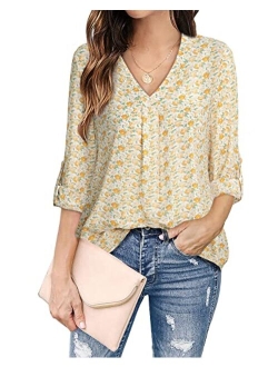 Youtalia Womens 3/4 Cuffed Sleeve Chiffon Printed V Neck Casual Blouse Shirt Tops