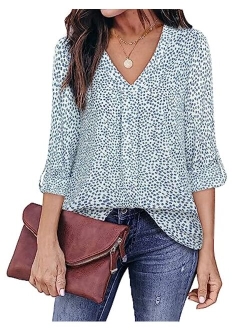 Youtalia Womens 3/4 Cuffed Sleeve Chiffon Printed V Neck Casual Blouse Shirt Tops