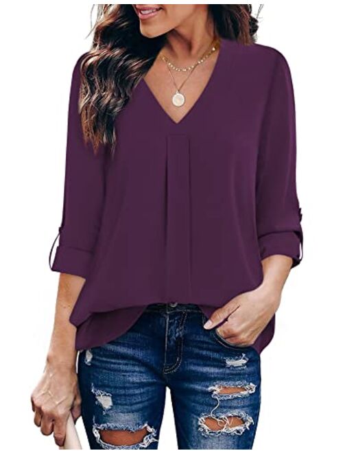 Youtalia Womens 3/4 Cuffed Sleeve Chiffon Printed V Neck Casual Blouse Shirt Tops