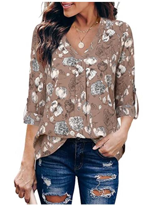 Youtalia Womens 3/4 Cuffed Sleeve Chiffon Printed V Neck Casual Blouse Shirt Tops