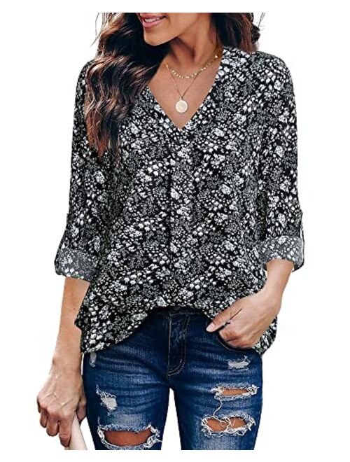 Youtalia Womens 3/4 Cuffed Sleeve Chiffon Printed V Neck Casual Blouse Shirt Tops