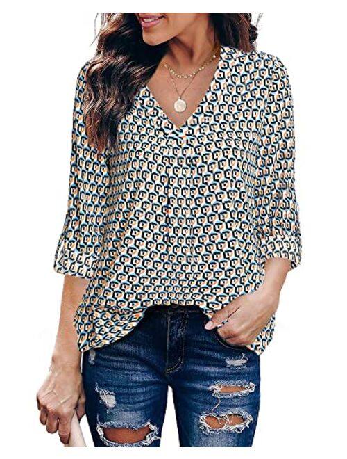 Youtalia Womens 3/4 Cuffed Sleeve Chiffon Printed V Neck Casual Blouse Shirt Tops