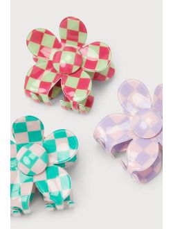 Hair Necessities Pink Multi Checkered Flower Hair Clip Set