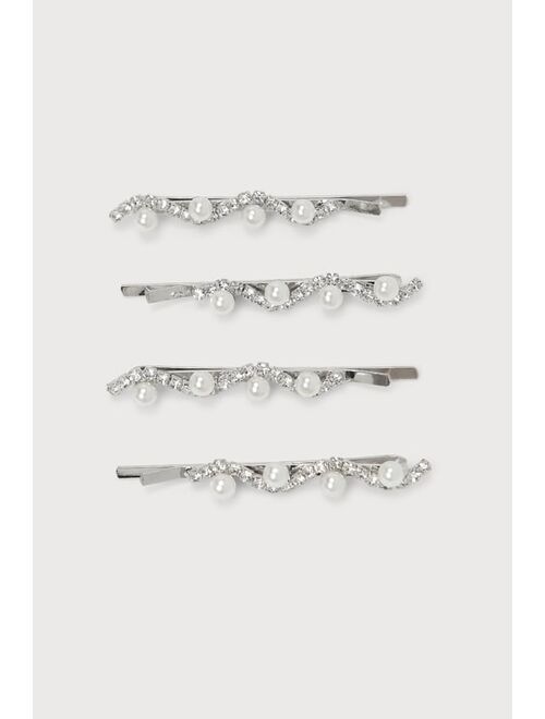 Lulus Brightly Beaming Silver Rhinestone Pearl Hair Pin Set