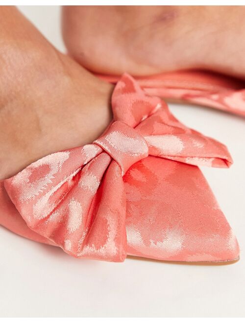 ASOS DESIGN Wide Fit Lass oversized bow pointed flat mules in coral satin