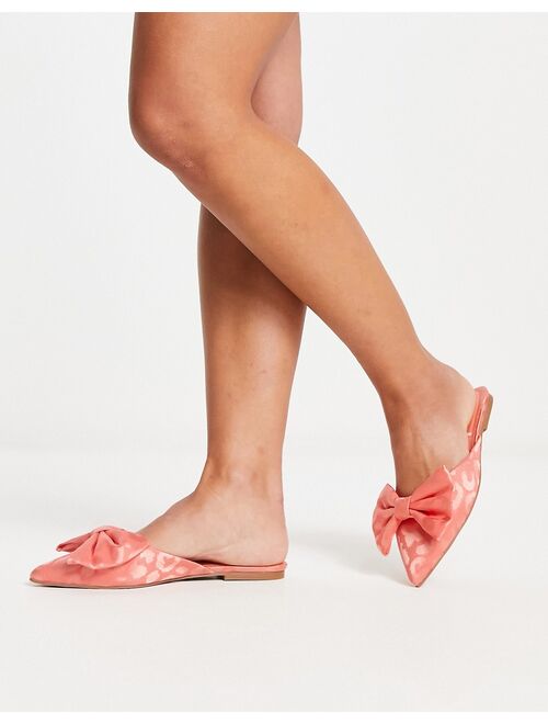 ASOS DESIGN Wide Fit Lass oversized bow pointed flat mules in coral satin